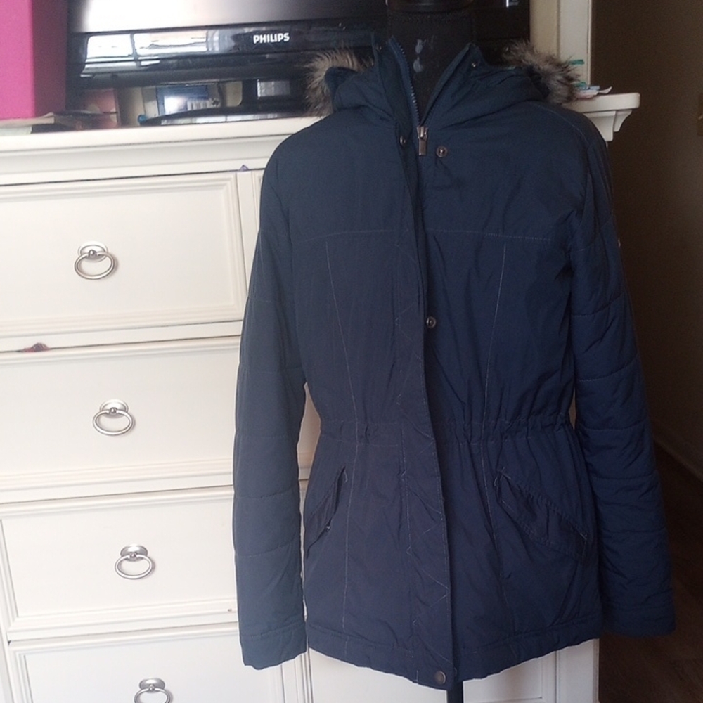 Columbia Blue Puffer Jacket with Fur-Trimmed Hood - Picture 3 of 8